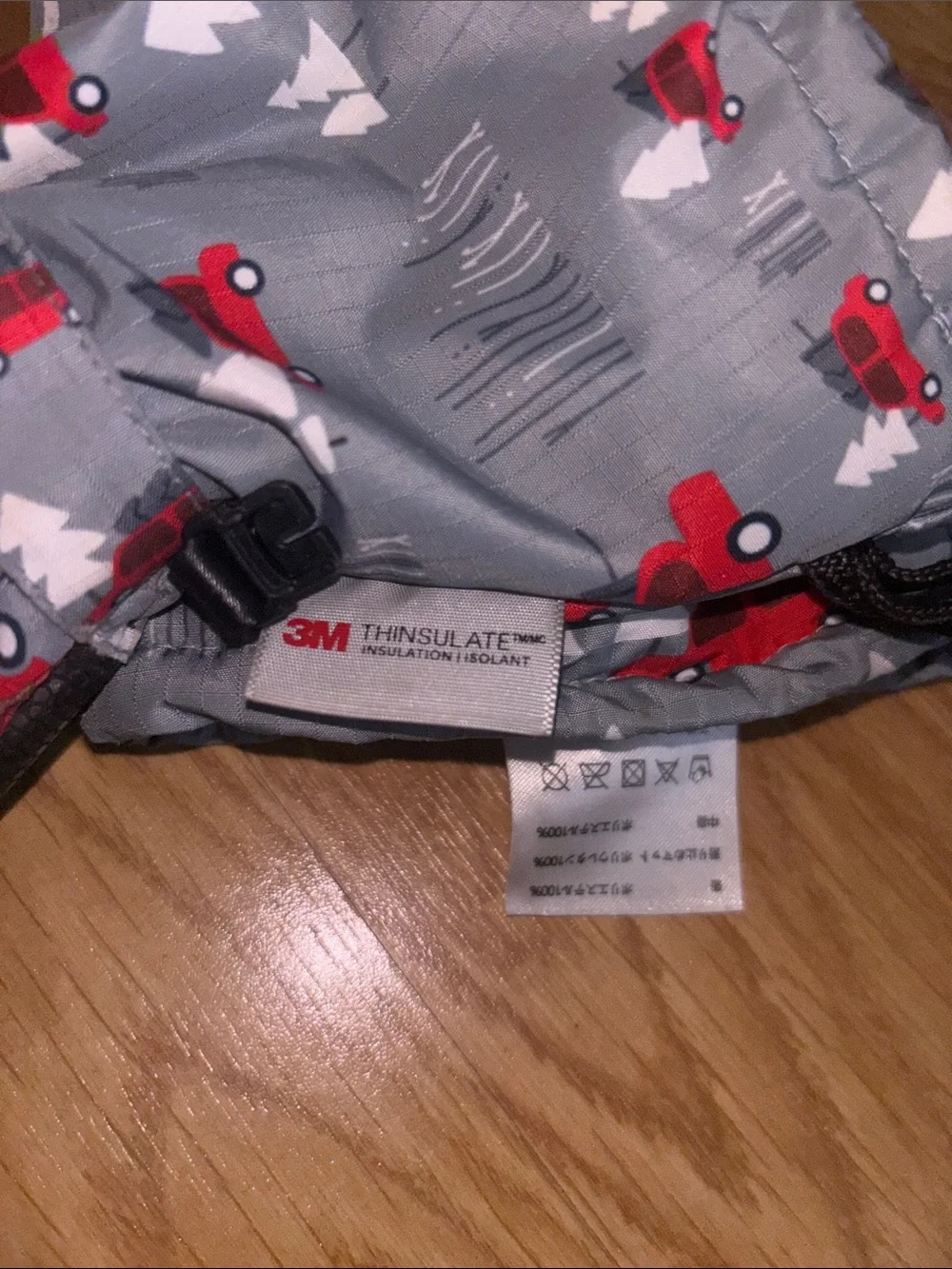 Kids Grey Mittens with Red Car Print - Cozy Winter Gloves - youth L